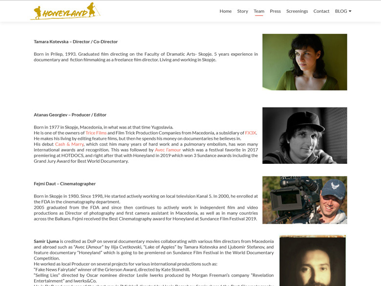 Honeyland Documentary website design - crew page